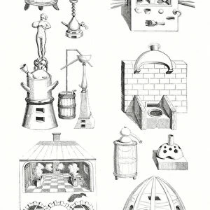 Furnaces, stills and various devices used by medieval alchemists (engraving)