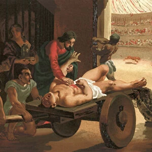 Galen assisting a gladiator, wounded in the circus of Bergamo