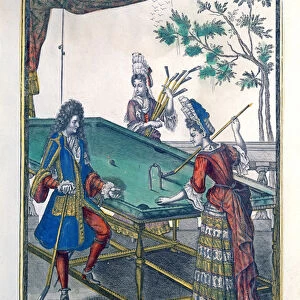 A Game of Billiards, late seventeenth century (coloured engraving)