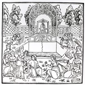 A garden scene, from Hypnerotomachia Poliphili attributed to Francesco Colonna (c. 1432-1527), published 1499 (woodcut) (b / w photo)