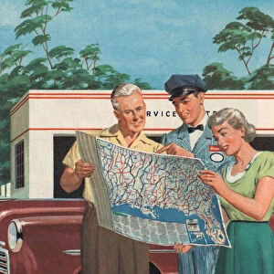 Gas Station Attendant Giving Tourists Directions, 1951 (screen print)