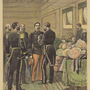 General Dodds receiving the Dahomey Medal on his return to France (colour litho)