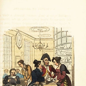 A gentleman and soldier flirting with an innkeeper at the bar. 1831 (engraving)