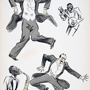 Gentleman in white tie and tails dancing while two musicians play saxophone and banjo