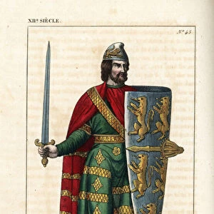 Geoffrey V, Plantagenet, Count of Anjou, 1113-1151 (Geoffroy V d Anjou, known as the Bel or Plantagenet). He wears a helmet in the Phrygian style, a long cape over tunics, all embroidered in gold