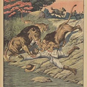 A German Navy captain devoured by lions in South-West Africa (colour litho)