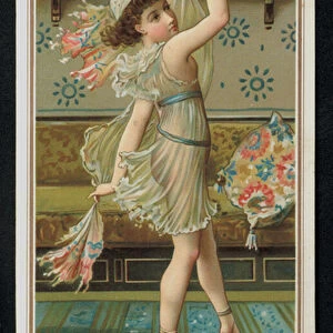 Girl or nymph dancing, New Years greetings card (chromolitho)