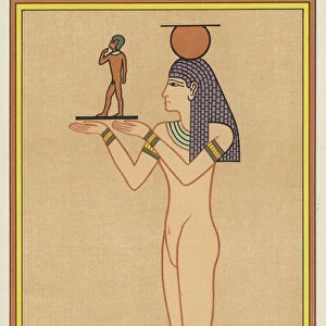 The Goddess Nut holding a tablet on which stands Harpocrates (colour litho)