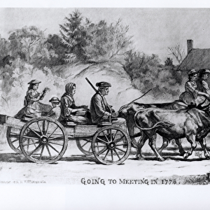Going to Meeting in 1776, 1876 (engraving) (b / w photo)