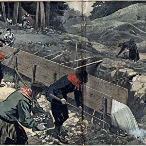 Gold Rush in Alaska: Gold seekers wash gold mud. A woman picks up pepites while new gold