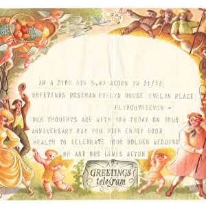 A golden wedding anniversary greetings telegram by Eric Fraser, c. 1952 (colour litho)