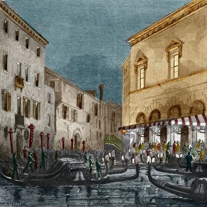 Gondoliers waiting for spectators outside the Teatro La Fenice, Venice, Italy