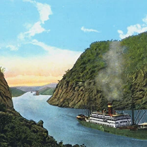Grace and Cos boat "Santa Teresa"passing the Culebra Cut, Panama Canal (coloured photo)
