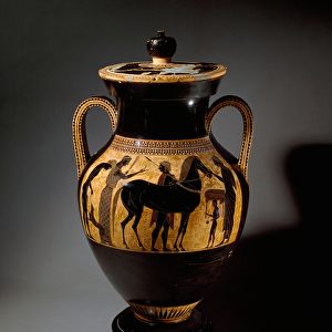 Greek antiquite: Attic amphora with black figures representing the return of