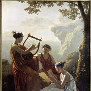Greek poet Sapho (Sappho) playing lyre and two of her companions Painting by Jacques Louis Grandin (1780-?) 1808 Paris, Musee Marmottan