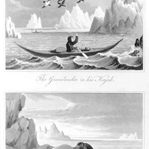 A Greenlander and his kayak, from History of Greenland by David Crantz