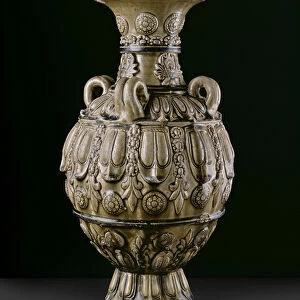 Greenware jar with moulded decorations, Yue Kikn-site, Six Dynasties Period (ceramic)
