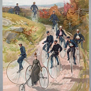 Group riding penny-farthing bicycles, 1887 (lithograph)