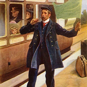 Guard blowing his whistle as the train is about to depart (colour litho)
