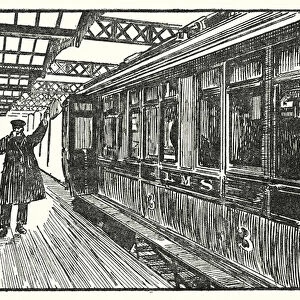 Guard signalling to a train driver to start the engine (litho)
