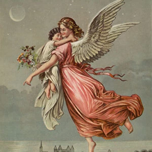 Guardian angel, carrying child (chromolitho)