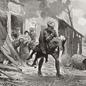 Gunner J Rafferty carrying a wounded woman to safety from a farmhouse which was being shelled, World War I (litho)