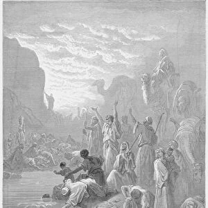 Gustave Dore Bible: Moses striking the rock in Horeb (engraving)