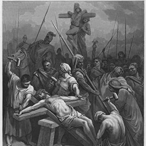Gustave Dore Bible: Nailing Christ to the Cross (engraving)
