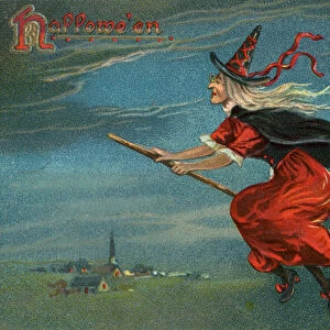 Halloween Witch and Black Cat Riding Broom at Night, 1908 (colour litho)