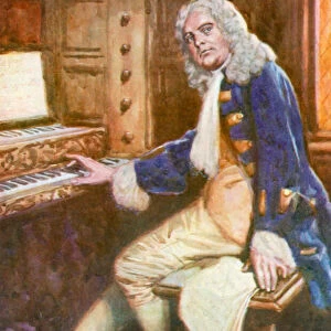 Handel, working out the Hallelujah Chorus (colour litho)