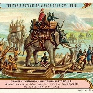 Hannibal crossing the Rhone with his army and elephants, 218 BC (chromolitho)