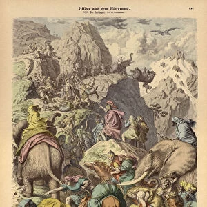 Hannibal leading the Carthaginian army over the Alps (coloured engraving)
