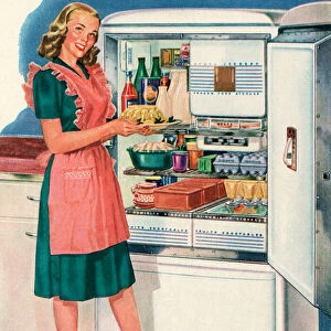 A Happy 1940s Homemaker With Her New Refrigerator, 1946 (screen print)
