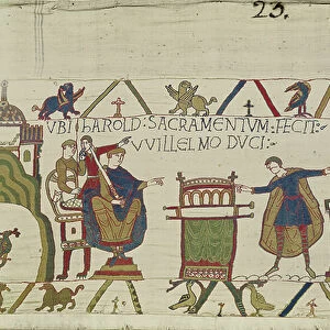 Harold swears a sacred oath to William at Bayeux, Bayeux Tapestry (wool embroidery on linen)