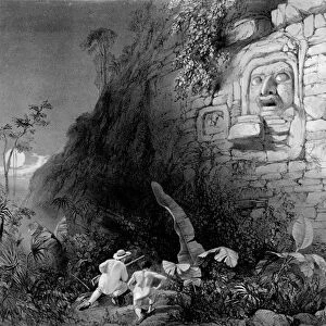 Head of Itzam Na, Izamal, Yucatan, Mexico, 1844 (litho) (b / w photo)
