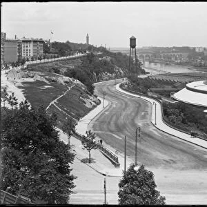 High-angle view of Harlem River Drive running past the Polo Grounds, New York City, c