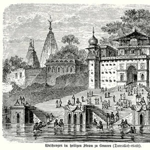 Hindus bathing in the sacred waters of the River Ganges from the ghats of Benares (Varanasi), India (engraving)