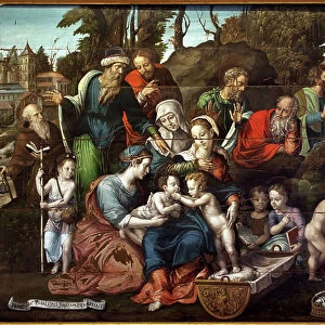 The Holy Parent. (Saint Anne, surrounded by her three successive husbands, Salome (blue tunic, with pointed index finger), Cleophas (with red coat, father of Marie Cleophas) and Joachim, father of the Virgin (red coat, head resting on the fist)