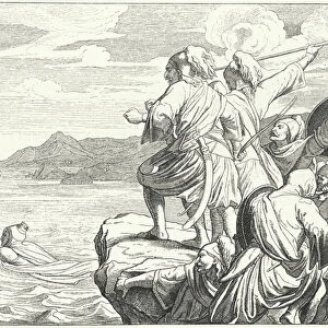 The Holy Roman Emperor Otto II escaping from the Greeks after his defeat at the Battle of Stilo, 982 (engraving)