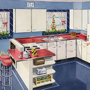 Homemaker in Her New Kitchen Watching Her Son, 1950 (screen print)