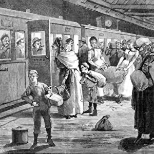 Hop-pickers starting from London Bridge railway station at midnight, 1891 (engraving)