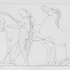 Horseman with two horses, ancient Greek marble relief from the Parthenon Frieze (engraving)