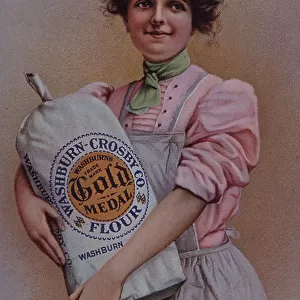 House maid with sack of flour, Washburn Crosby Co. advert, c. 1880 (colour litho)