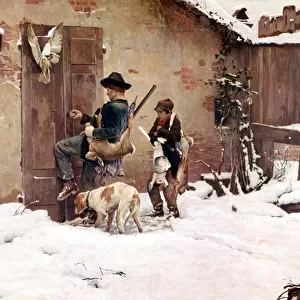 Back from the hunt. Painting by G. Quadrone. 1890 Milan