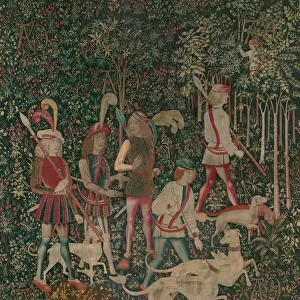 The Hunters Enter the Woods, c. 1500 (wool warp with wool, silk, silver, and gilt wefts)