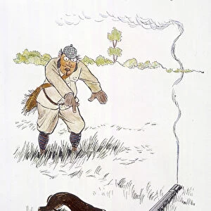 Hunting: hunter and his dog - drawing by Caran d Ache, late 19th century