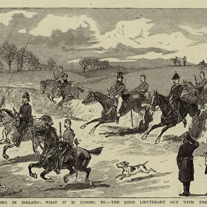 Hunting in Ireland, what it is coming to, the Lord Lieutenant out with the Meath Hounds (engraving)