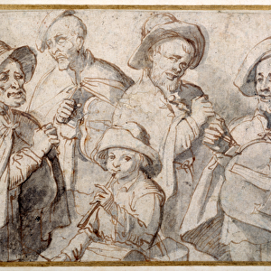 Four hurdy-gurdy players and a boy with a pipe, c. 1650-99 (pen & ink on paper)