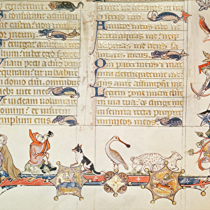 Illustration from a psalter, depicting various figures, a spoonbill, sheep, centaurs