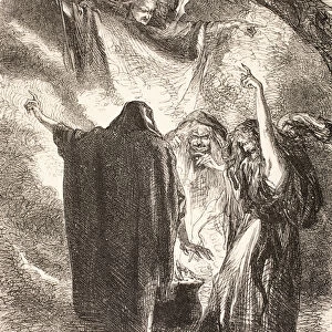 Illustration of the witches around their cauldron in Macbeth, from The Illustrated